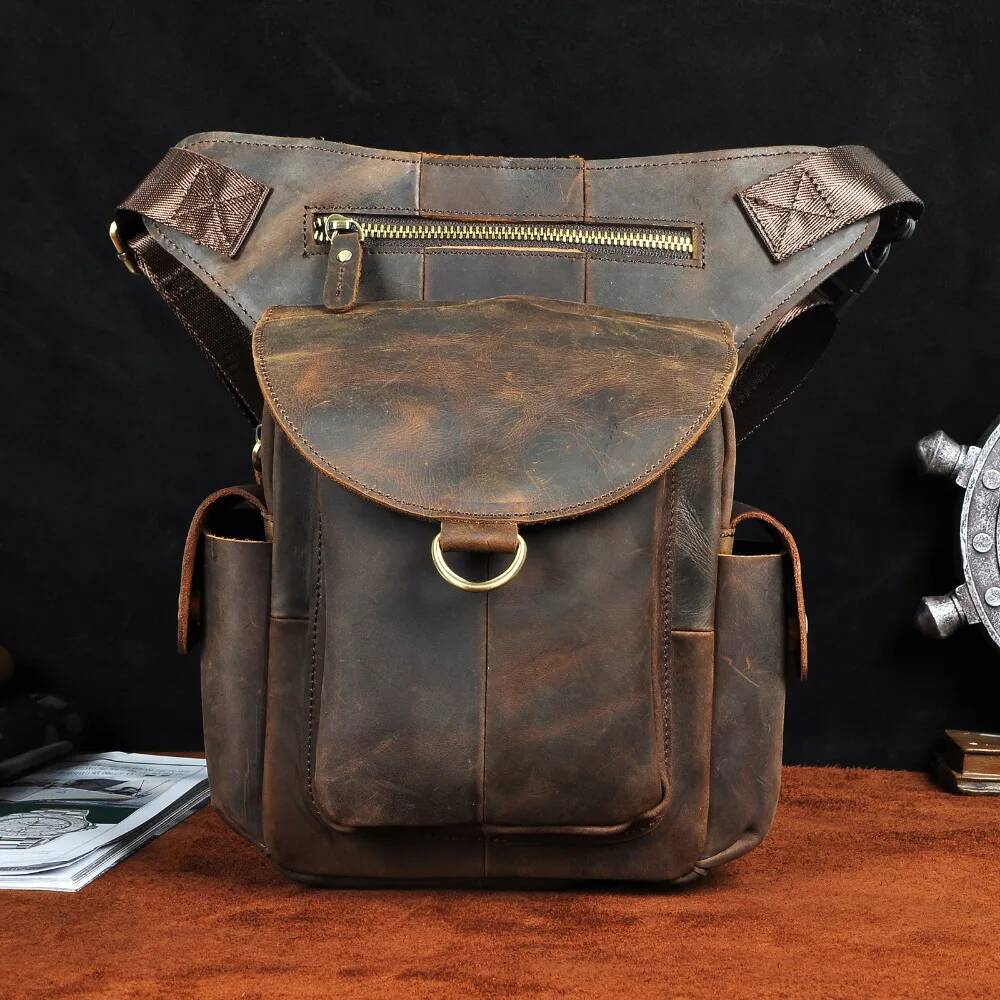 Quality Leather Design Men Multi Function Messenger Mochila Fashion Organizer Fanny Waist Belt Pack Drop Leg Bag Male 9938