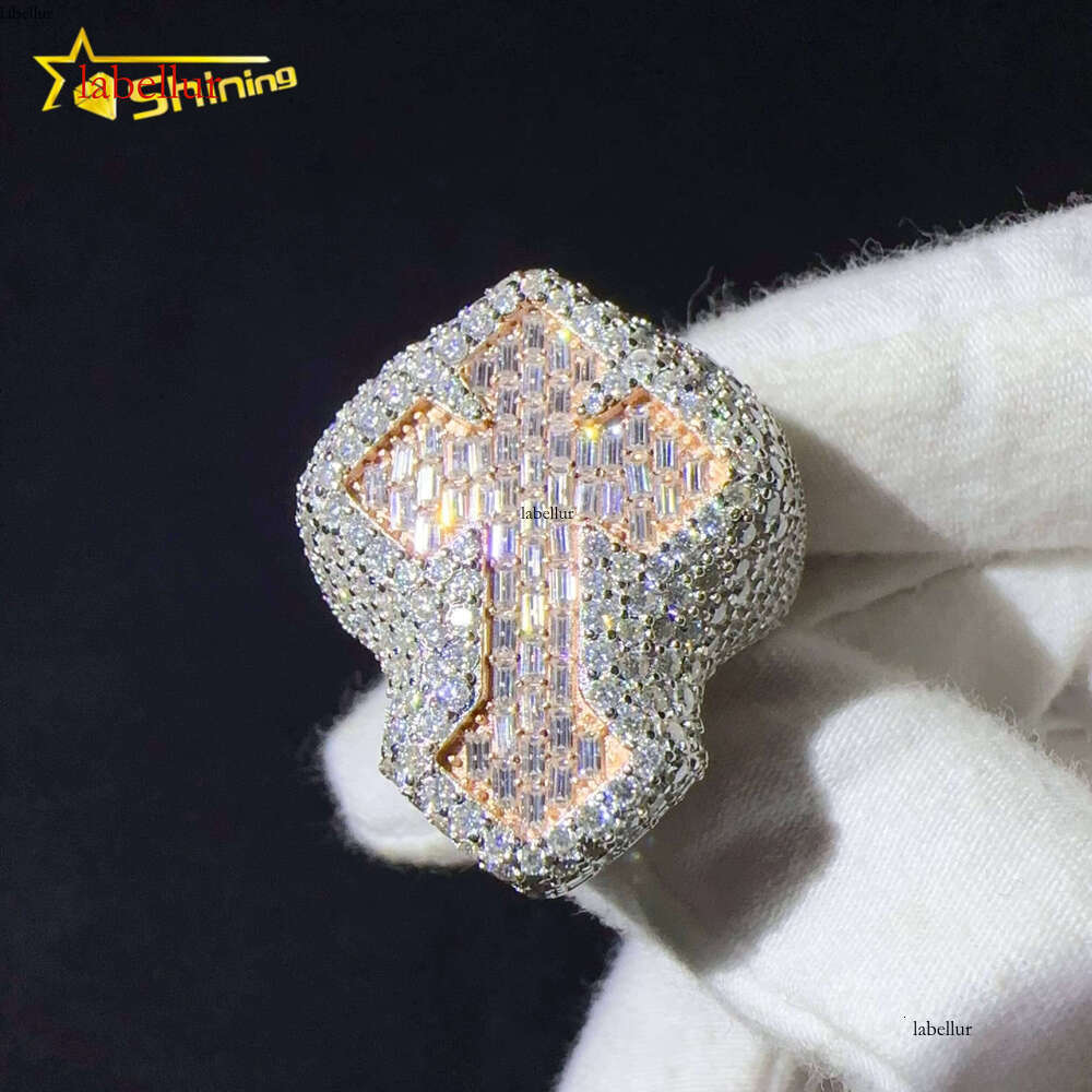 Sterling Silver VVS Cubic Zirconia Iced Out Lab Hip Hop Jewelry Cross Ring