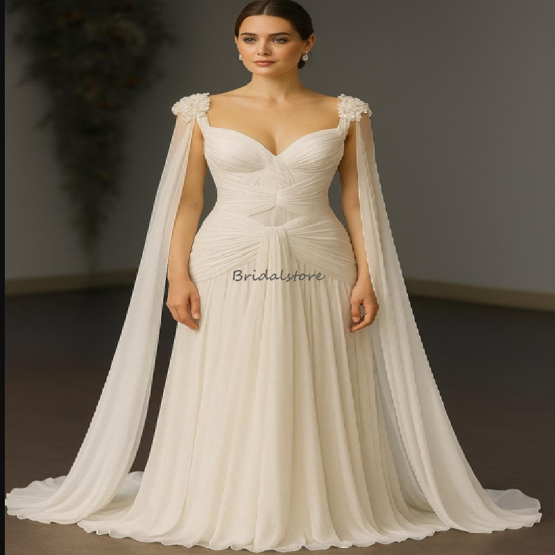 Graceful Plus Size Mermaid Wedding Dress With Cape Sleeves Sweetheart Bohemian Chiffon Bridal Dress 2025 Boho Bride Dress Charming Vestio De Novias