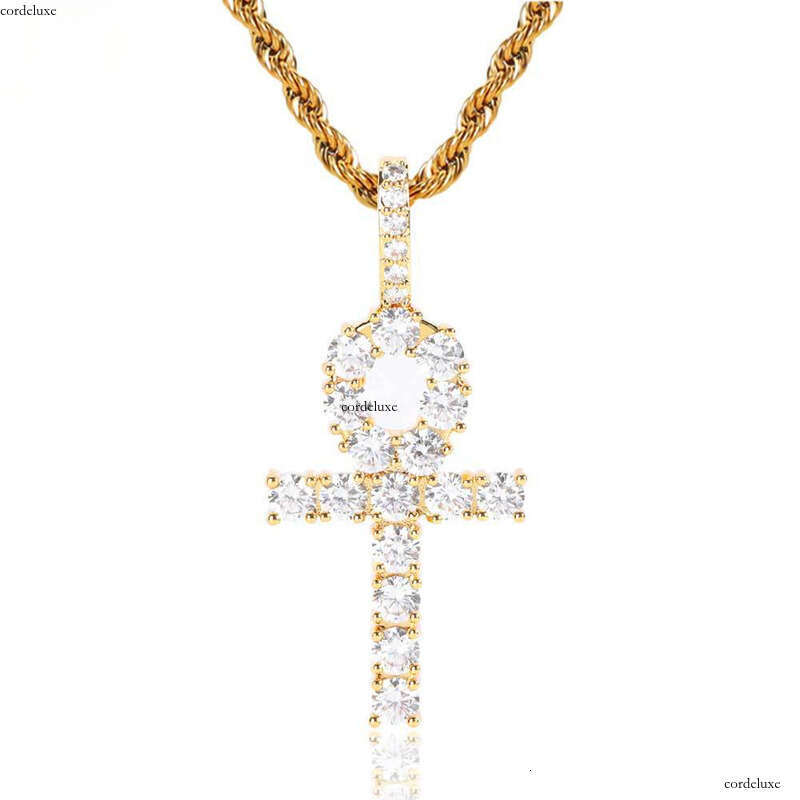 Hip-Hop Jewelry Solid Ankha Moissanite chain Necklace Small Ankh Key Cross Pendant Chain