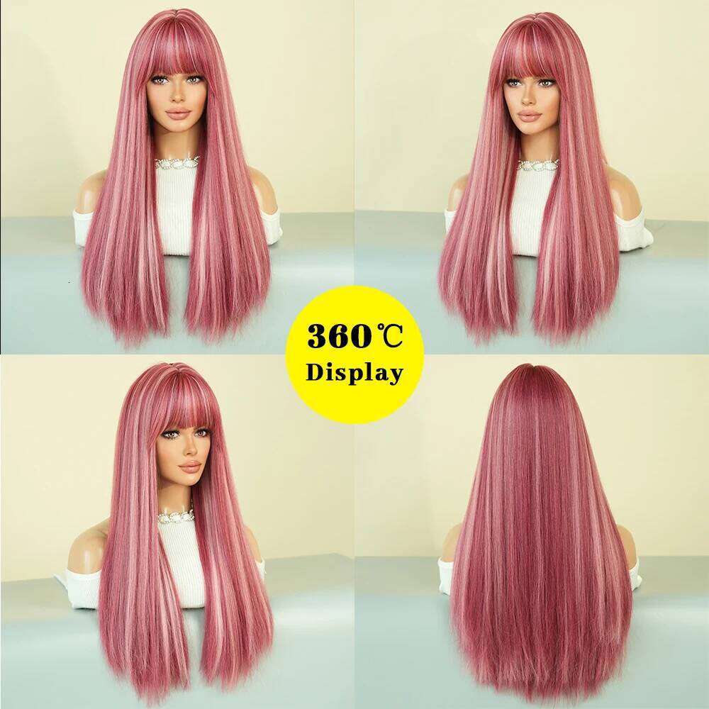 PARK YUN Long Straight Pink Wigs with bangs Women Highlights white Popular Sweet Synthetic Wig for Daily Cosplay Lolita