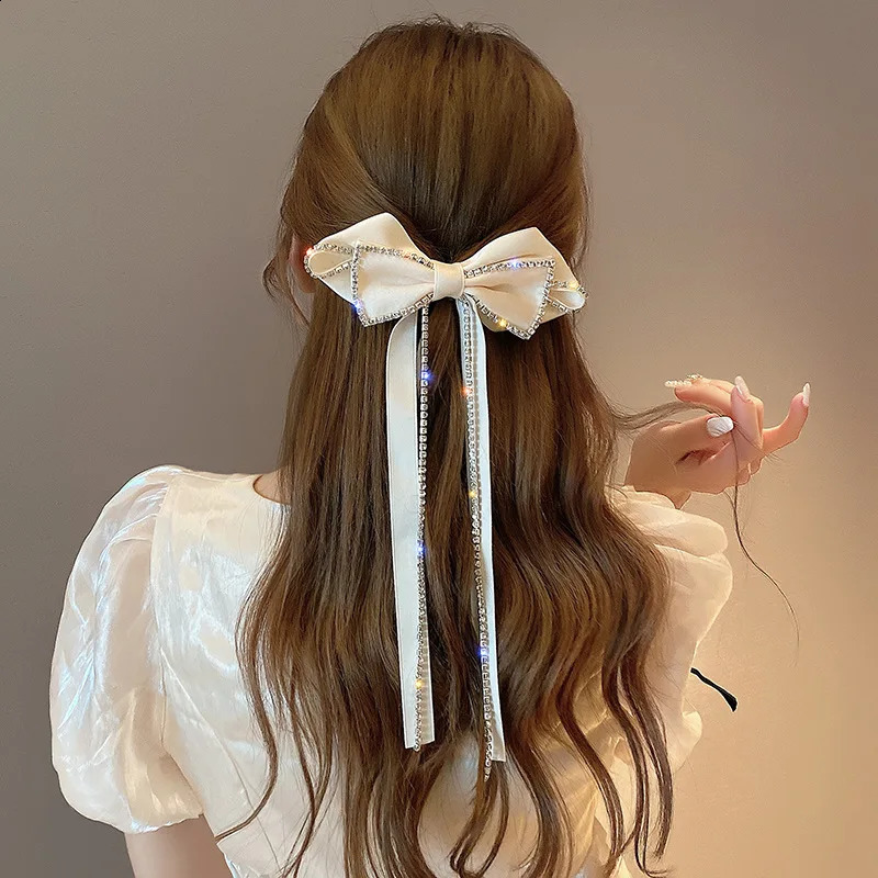 Elegant Rhinestones Big Bow Hairpins For Girl Ribbon Long Tassel Rhinestone Headband Hair Clips Accessories HAIR CLIP FOR GIRL 250807