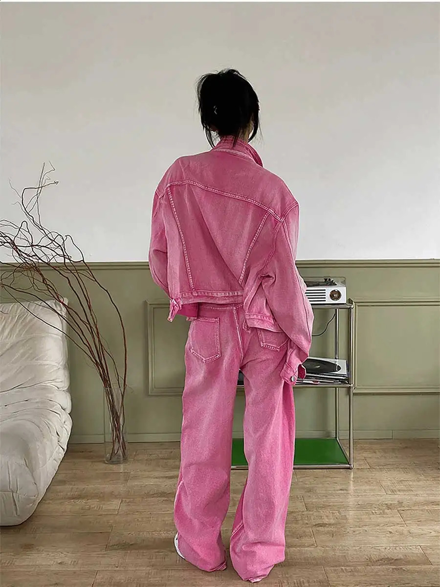 ReddaChic Women Aesthetic Pink Jacket Jeans Denim Suit Y2k Retro Casual Lapel Long Sleeves Statue Outer Baggy Jeans 2-piece Set 250808