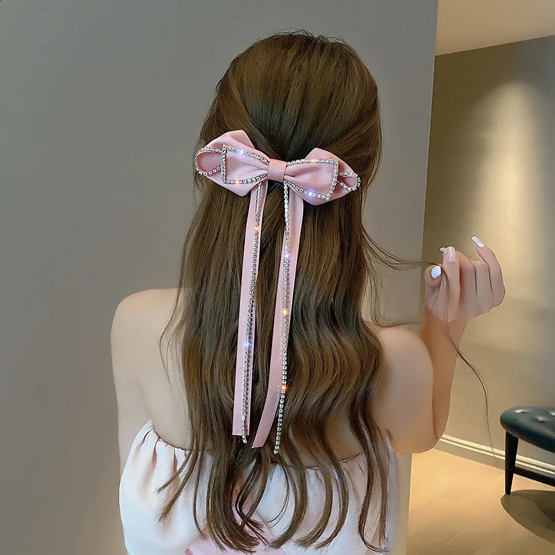 Elegant Rhinestones Big Bow Hairpins For Girl Ribbon Long Tassel Rhinestone Headband Hair Clips Accessories HAIR CLIP FOR GIRL 250807