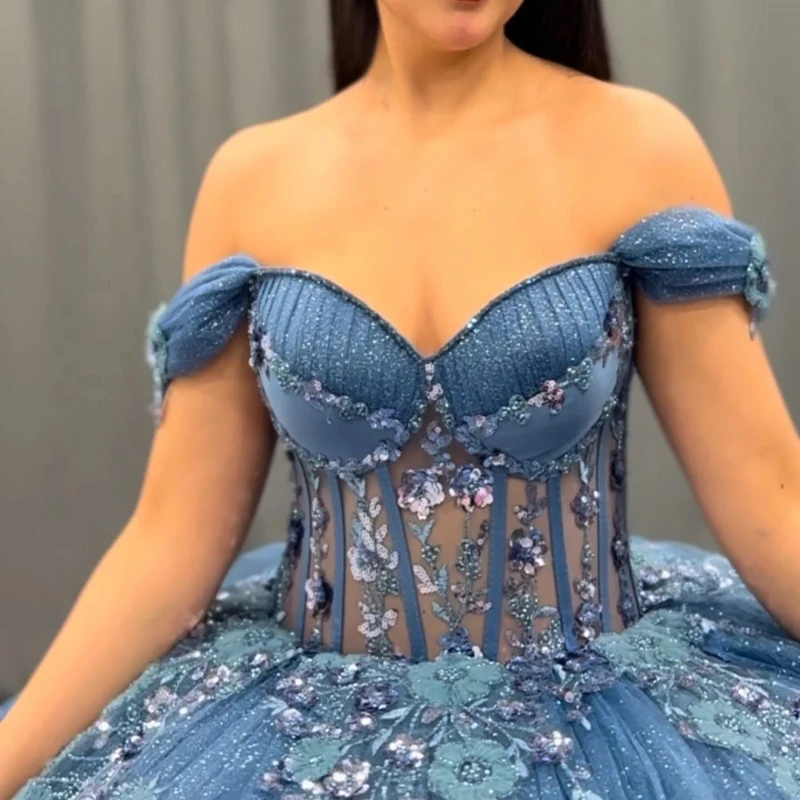 Sea Blue Quinceanera Dresses Ball Gown Off The Shoulder Applique Lace Beads Tull Corset Party Birthday Sweet 16 Dress Vestidos 15 Anos