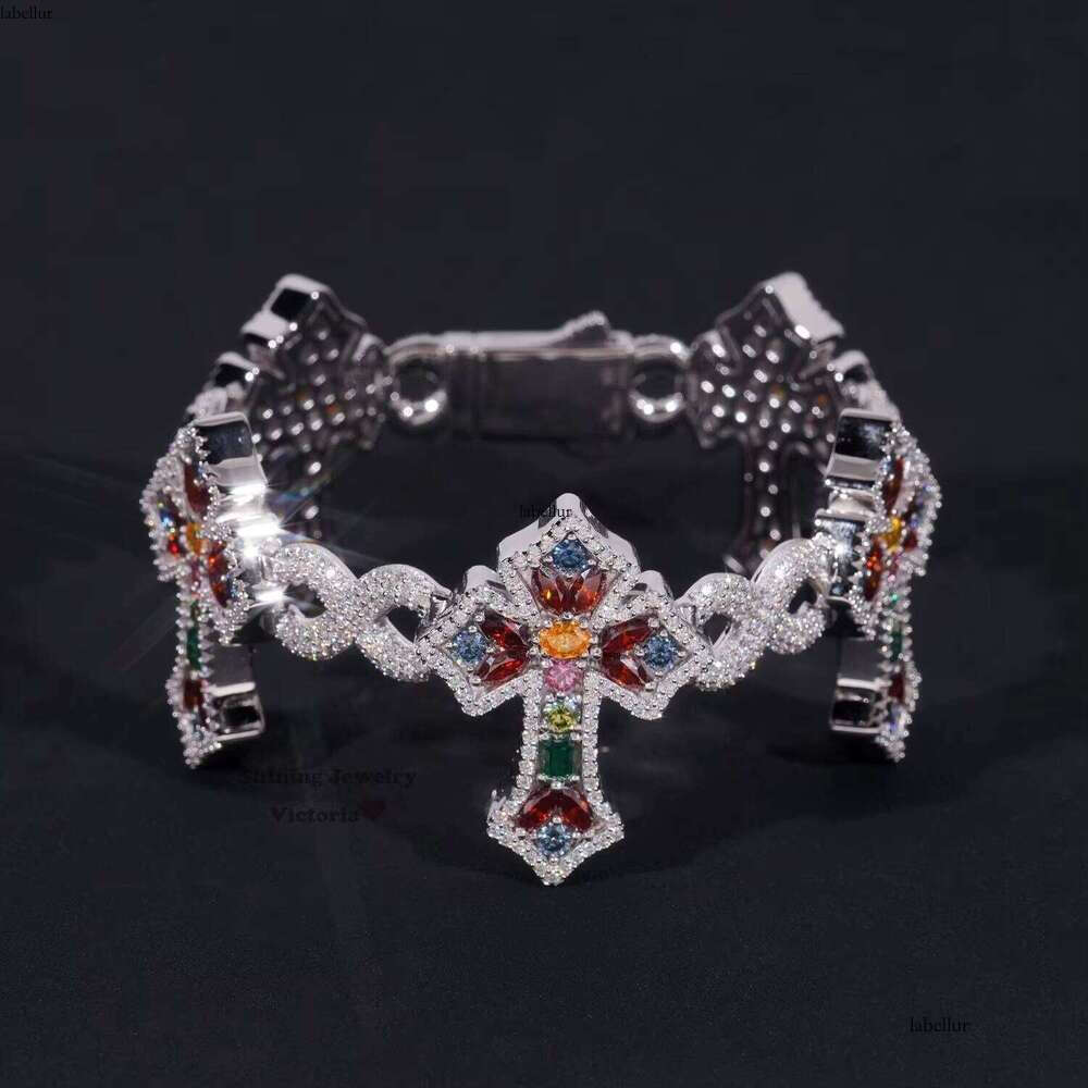 Iced Fancy Cut Colorful Silicon Cross Bracelet Sterling Sier GRA Certificate Men's Jewelry