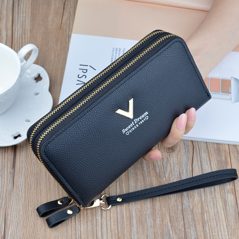 New Women's Wallet Double Designer Bag Zipper Luxury Bag Long Clutch Fashion Simple Lychee Texture Large Capacity Double Layer Wallet Phone Bag