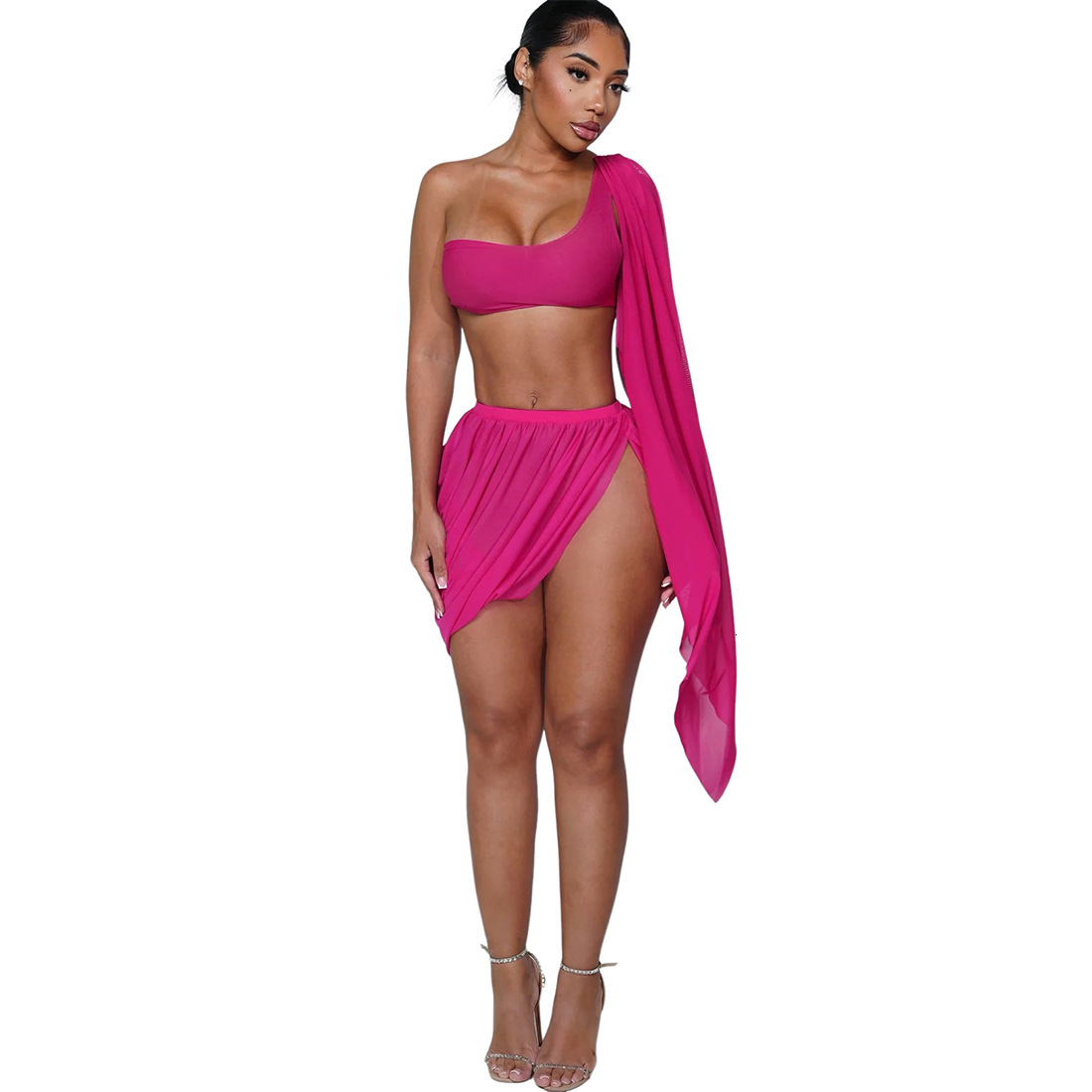 2025 Autumn New Womens Fashion Mesh Sexy One-Sleeve Long Sleeve Crop Top Ruched Split Short Skirt Set
