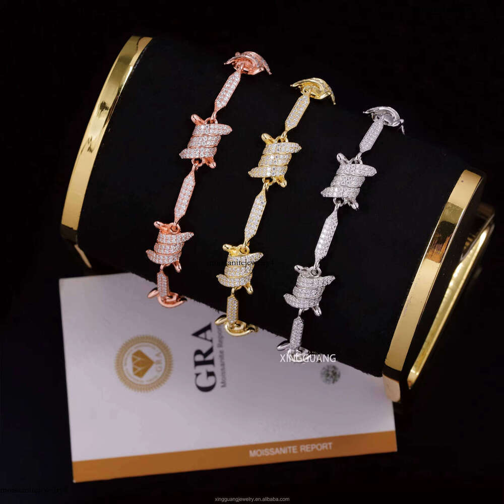 Fashion Gold Plated Men Women 8MM Spiked VVS Moissanite Chains S Sterling Sier Knots Link Cuban Bracelet Jewelry