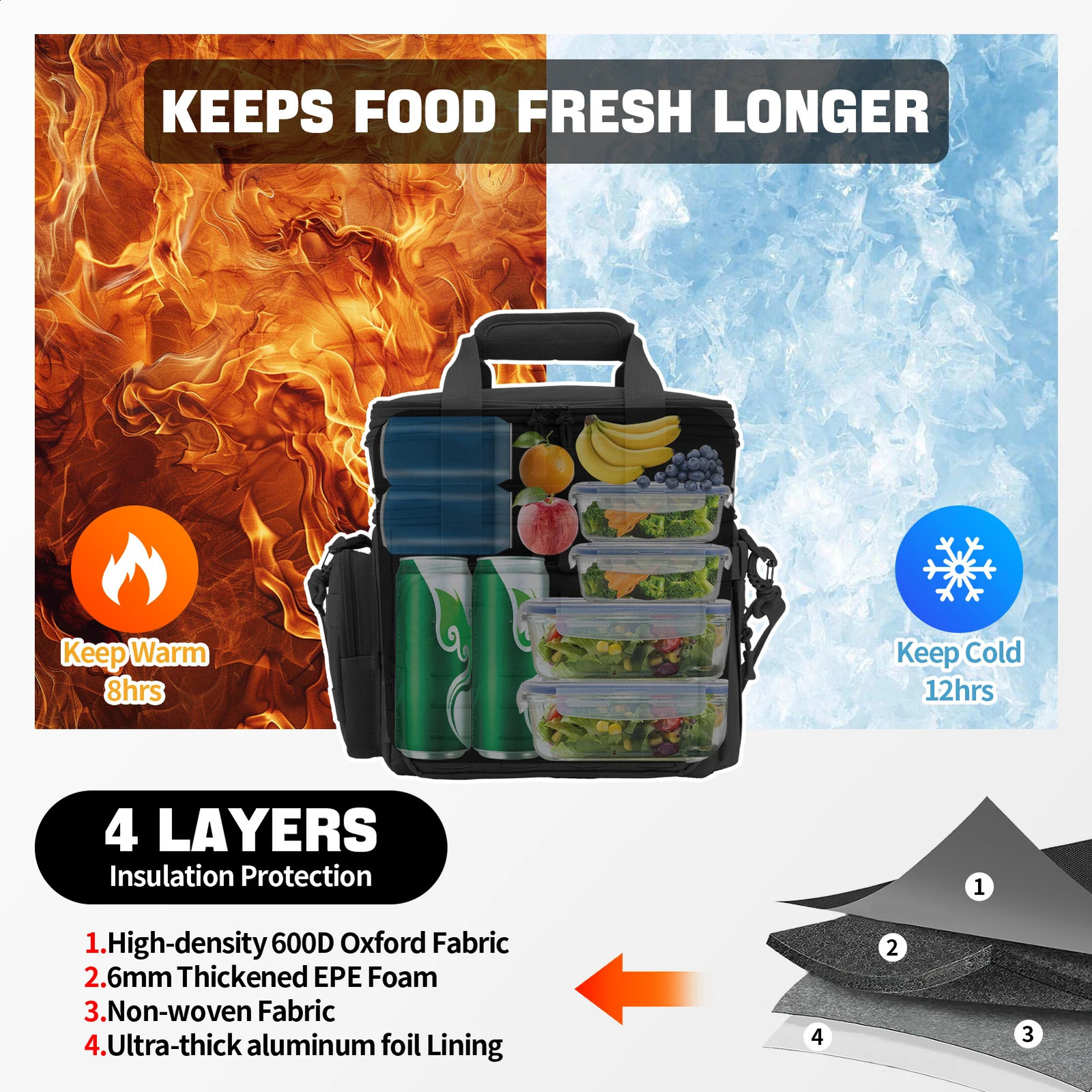 18L Tactical Lunch Box for Men Expandable Heavy Duty Insulated Cooler Bag Leakproof Thermal Bag Work Camping Outdoor Picnic 250804