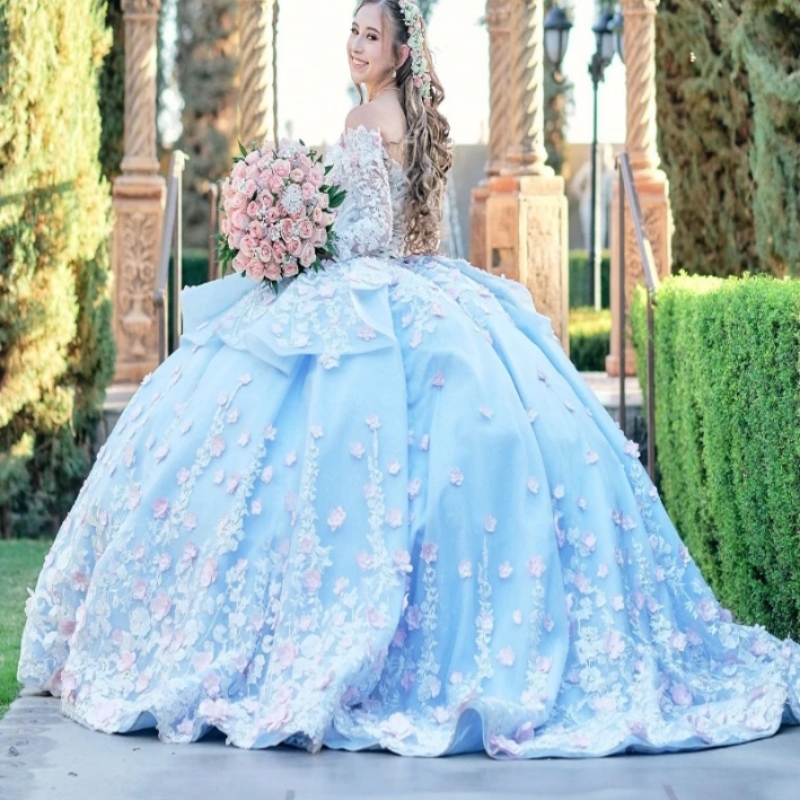 Sky Blue Quinceanera Dresses Ball Gown Off The Shoulder Applique Flower Beading Tull Party Birthday Vestidos 15 De Anos