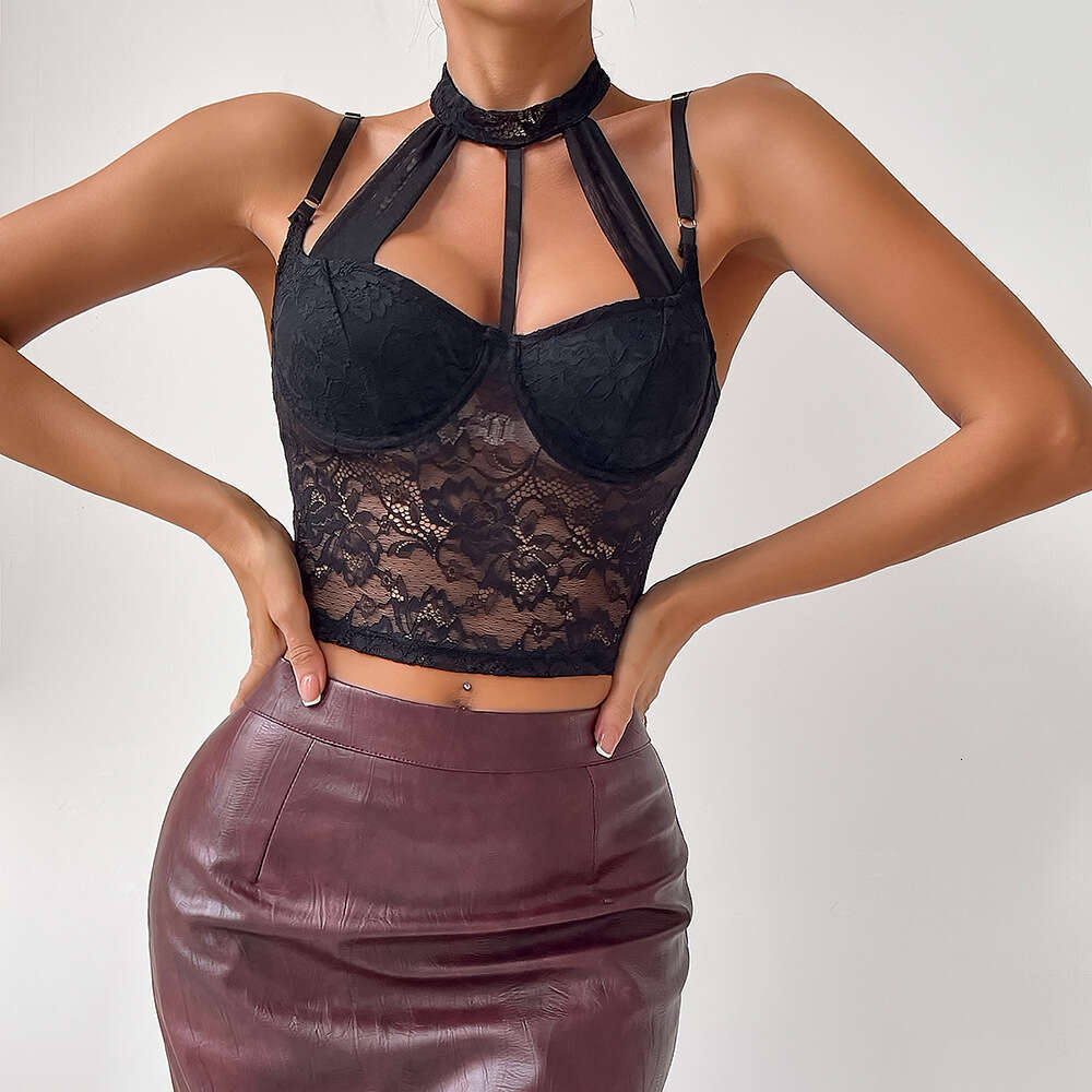 Women's Sexy Lace Hot Girl Top with Underwire, Push-Up Shaping Bra, Halter Neck Camisole for Outerwear