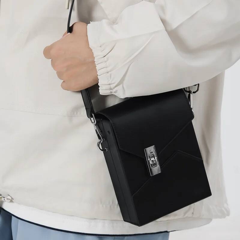 New Men's Small Flap Crossbody Designer Box Shape Shoulder Pu Leather Lock Buckle Single Mobile Phone Bag Purse