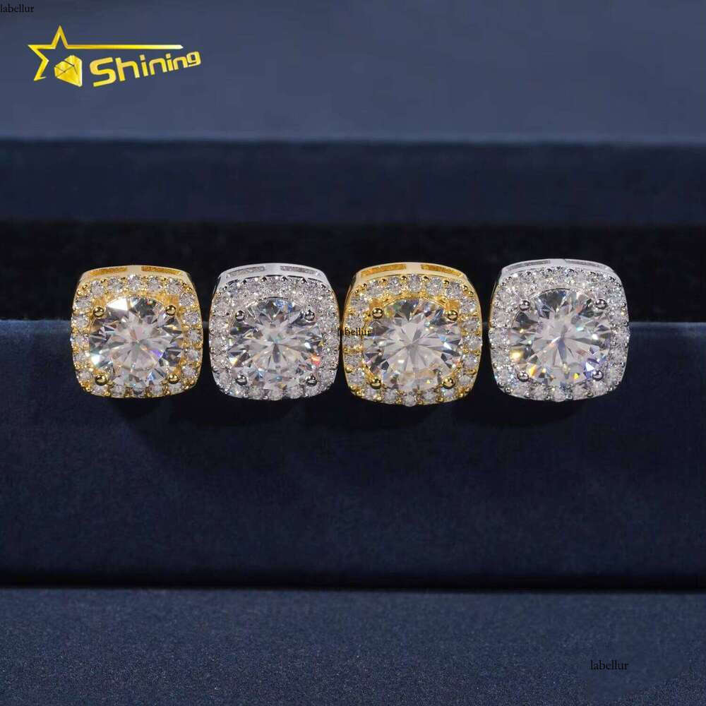 Pass Tester Sier Screw Back Ice 1ct 2ct Hip Hop Halo Square Silicon Stone Earrings