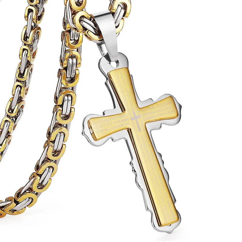 Catholic Spanish Bible Cross Pendants Necklace Stainless Steel Byzantine Link Chain Necklaces Bible Prayer Male Jewelry Gift 250805