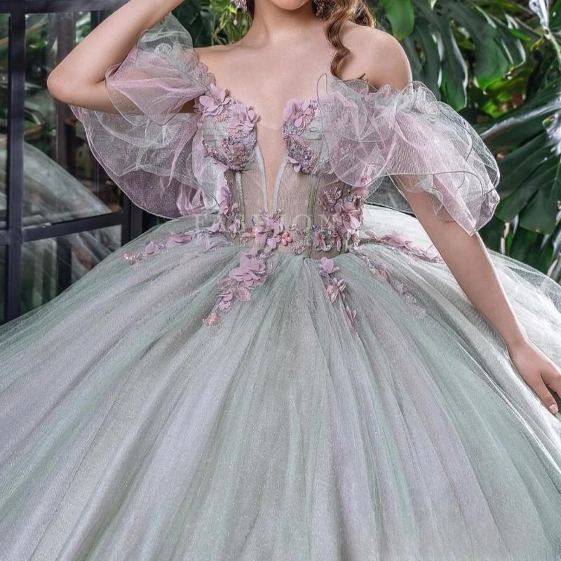 Light Green Quinceanera Dresses Ball Gown Off The Shoulder Applique Flower Beads Tull Corset Party Birthday Sweet 16 Vestidos 15 Anos
