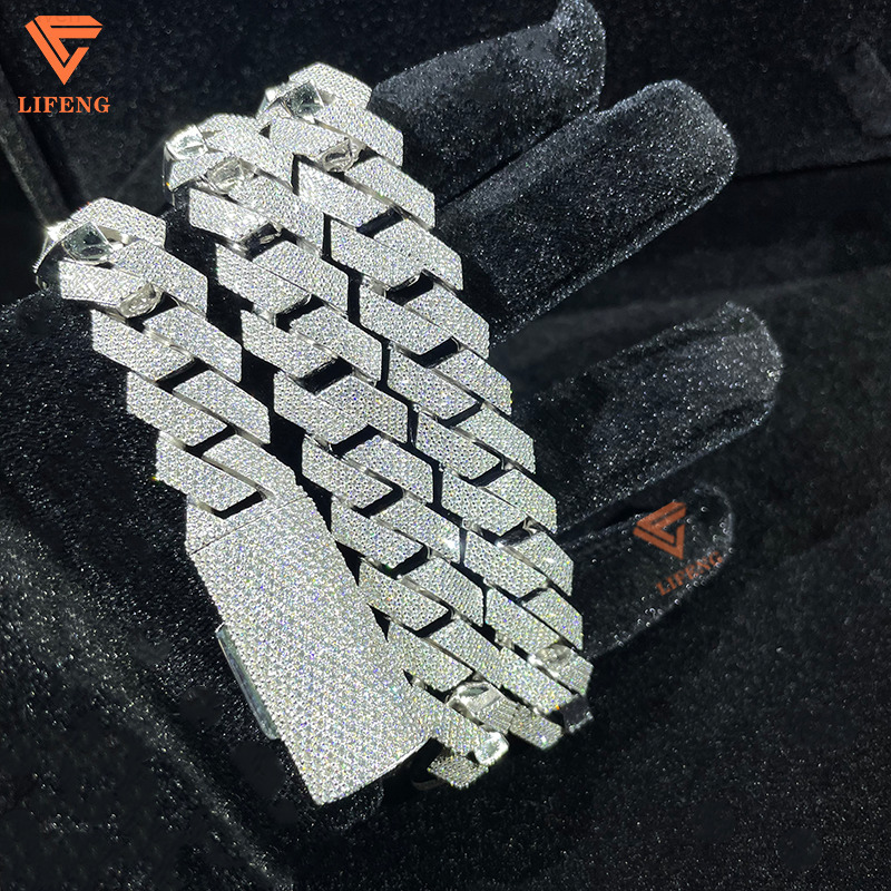 White Gold VVS Moissanite Cuban Link Necklace 15mm 4row Diamond Chain 925 Sterling Silver Fine Hip Hop Jewelry for Men