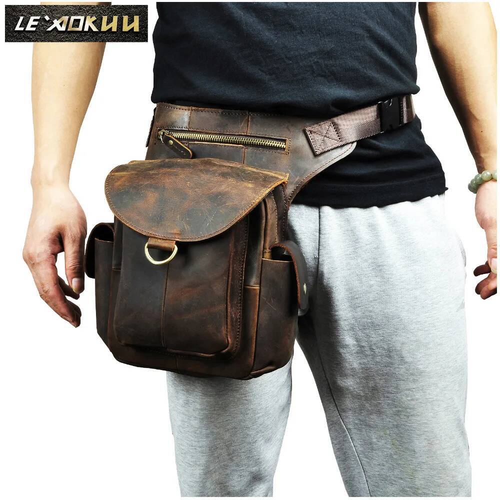 Quality Leather Design Men Multi Function Messenger Mochila Fashion Organizer Fanny Waist Belt Pack Drop Leg Bag Male 9938