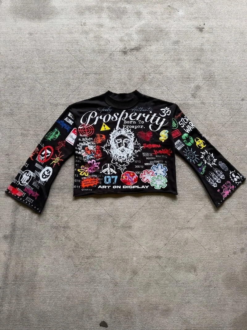 Hiphop Punk Y2K Harajuku Graphic Top Men Gothic Retro Casual Loose Round Neck Long Sleeve Tshirt Women Trendy Streetwear 250809
