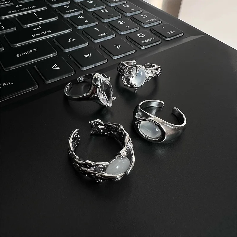 ZHUHE Moonstone Ring Opening Adjustment For Women Mens Cyberpunk Style Jewelry Accessories For Party Gifts 250807