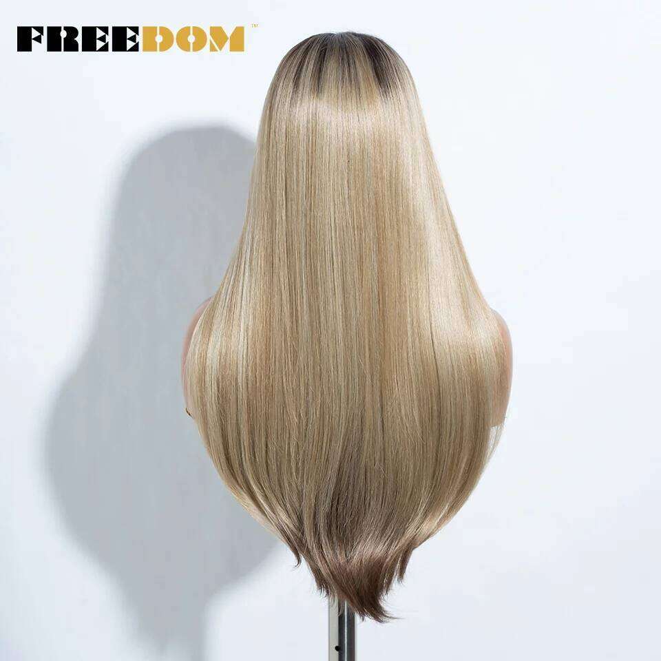 FREEDOM Straight Synthetic Front Wigs For Women 24 Inches Long Lace With Bangs Ombre Brown Blonde Highlight Cosplay Wig