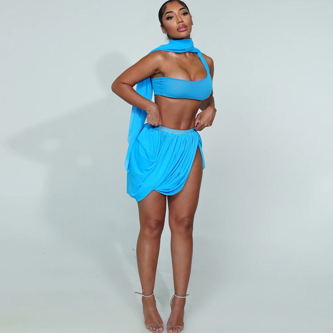 2025 Autumn New Womens Fashion Mesh Sexy One-Sleeve Long Sleeve Crop Top Ruched Split Short Skirt Set