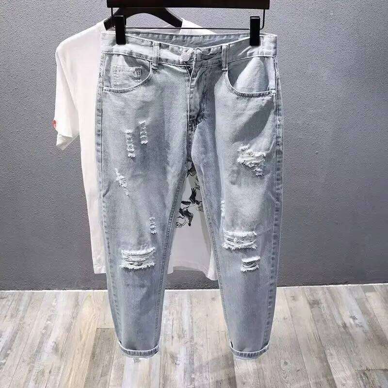 Fashion Clothing Washed Men's Casual Denim Jeans for Spring and Autumn Slim Fit Solid Pants Streetwear Ripped Holes Male