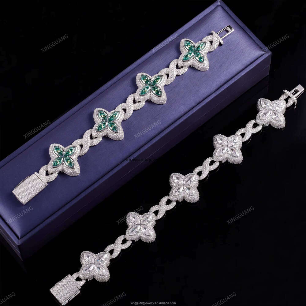 Fine Jewelry New Arrival Design VVS White Green Moissanite Dia Sier Gold Plated Cuban Link Four Clover Bracelet