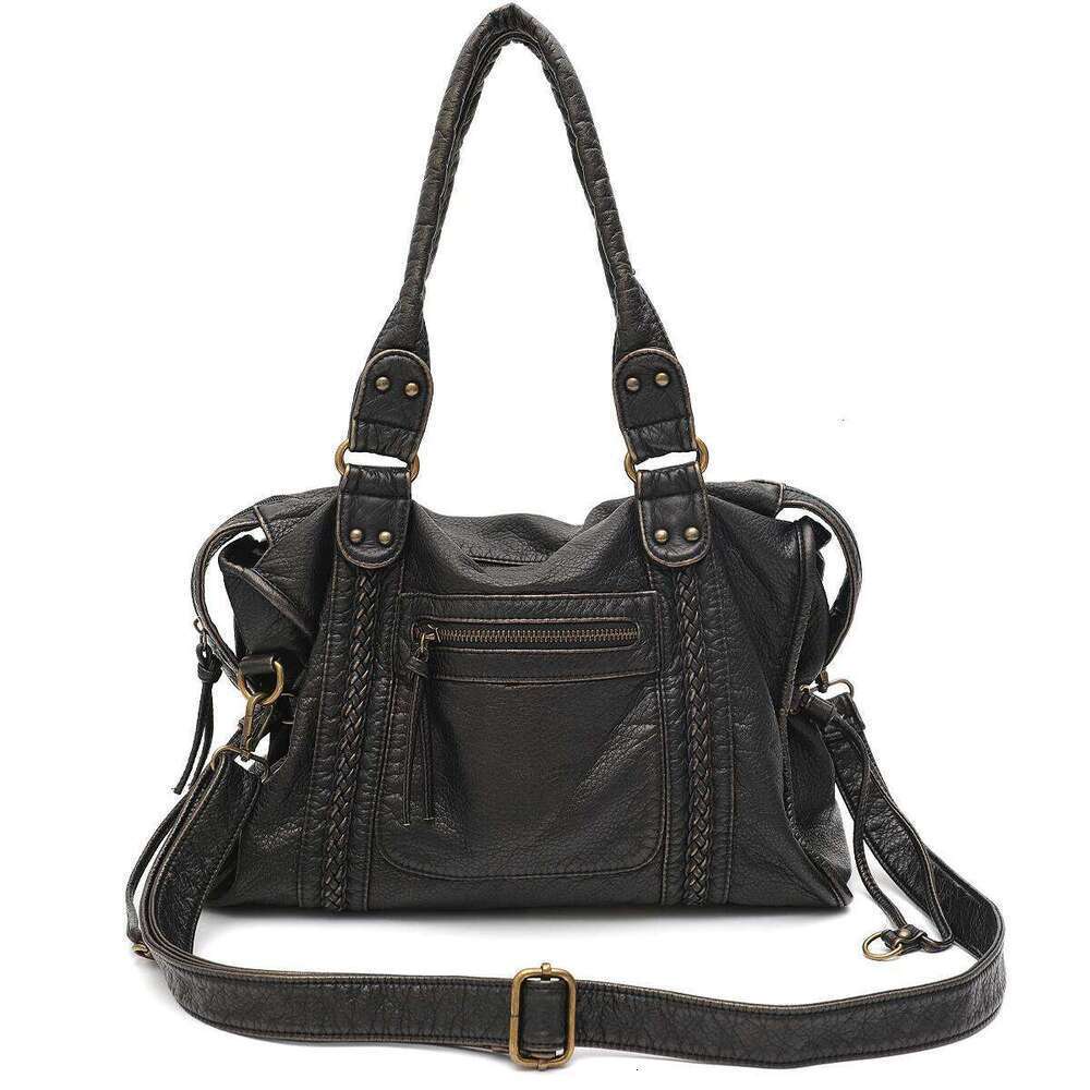 Vintage Washed PU Leather Large Capacity Tote Zip Pockets Braid Decor Shoulder Cross body Bag Unisex Women Daily Travel Handbag