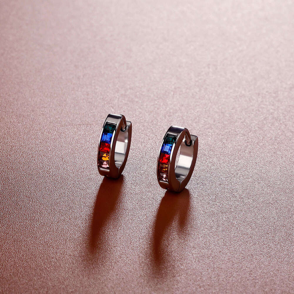 Sterling Silver Square Colorful Zircon Unisex Trendy Stud Earrings Versatile Non-Fading Clips Ear Jewelry