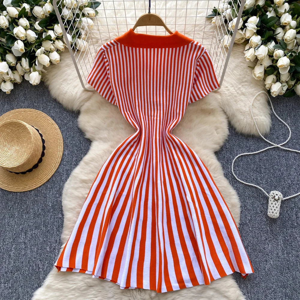 YuooMuoo Summer Vintage Vertical Stripes Knitted Dress Women Turndown Collar Slim Waist Aline Short 250809
