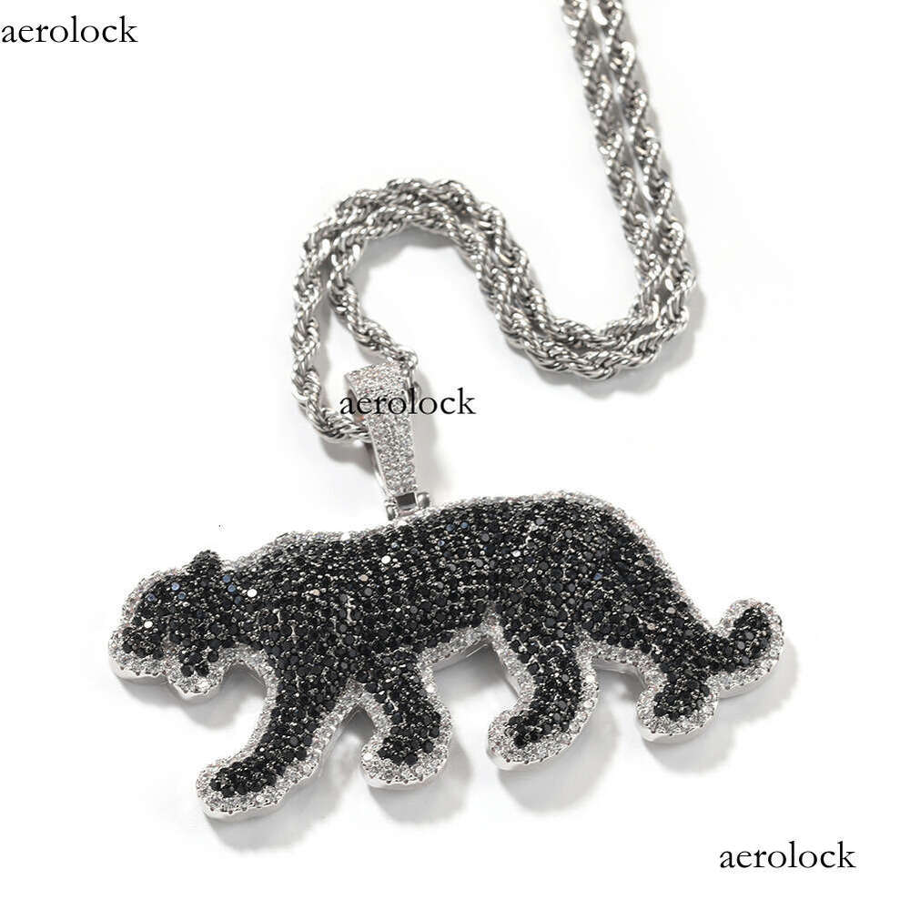 New Black Dia-Encrusted Leopard Pendant Jewelry Men's American Fashion Hip-Hop Sterling Silver Material Animal Necklace