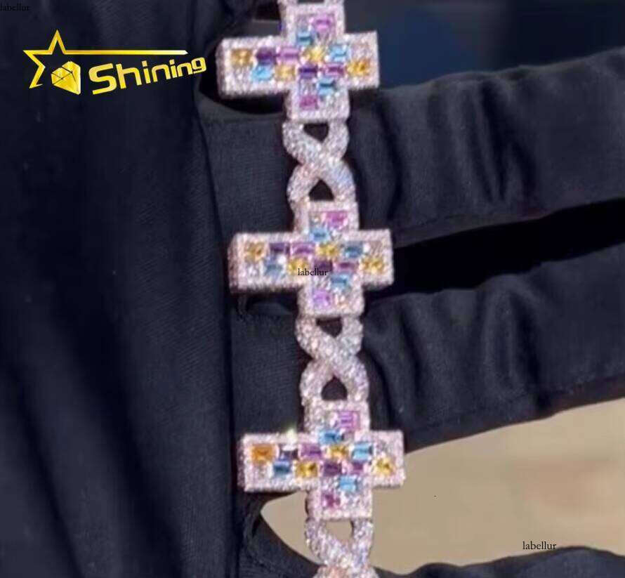 Hot Sale Design Custom Sier Rose Gold Plated Multi-Colored Emerald Cut Infinity Link Cross Cuban Bracelet