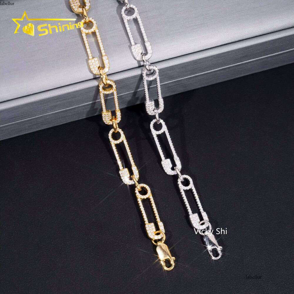 Hip Hop Jewelry Fashion Paper Clip Style Sier Gold Plated Iced Out Moissanite Tennis Bracelet Gifts