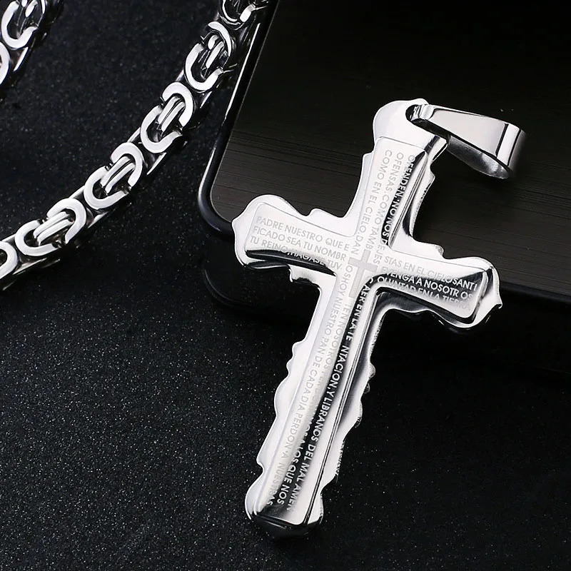 Catholic Spanish Bible Cross Pendants Necklace Stainless Steel Byzantine Link Chain Necklaces Bible Prayer Male Jewelry Gift 250805