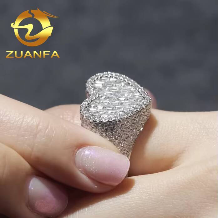 New Custom Moissanite Ring for Men Iced Out Hip Hop Ring Heart Fashion 925 Sterling Silver Men Diamond Ring