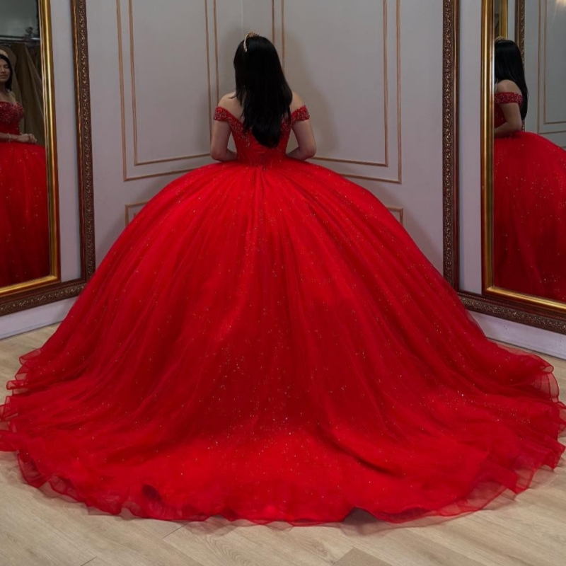 Red Shiny Quinceanera Dresses Off The Shoulder Beading Crystal Tull Party Birthday Ball Gown Vestidos De 15 Anos Sweet 16 Dress