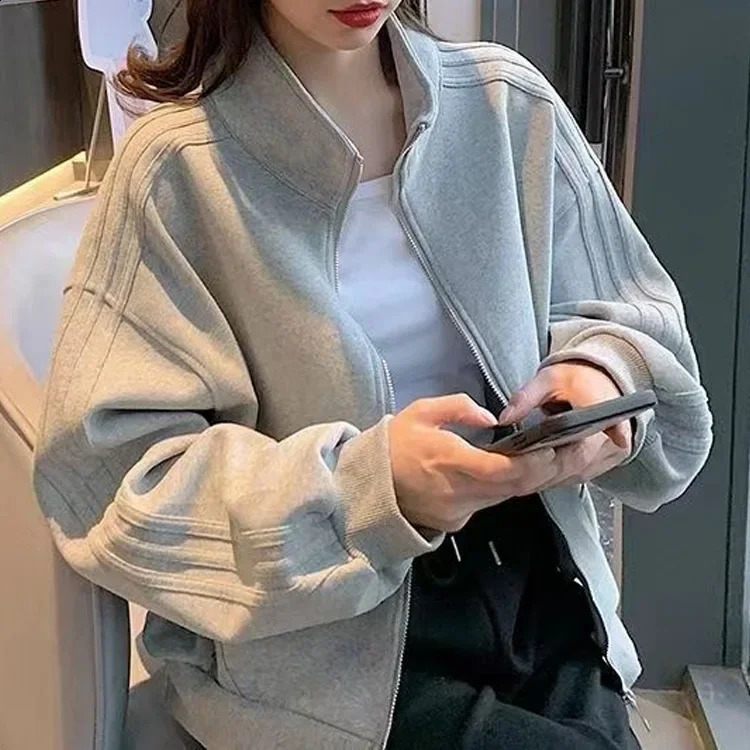 Short Sweatshirt Jacket Womens Autumn Winter Student Versatile Three Stripe Loose Fit Casual Style Of The S 250809