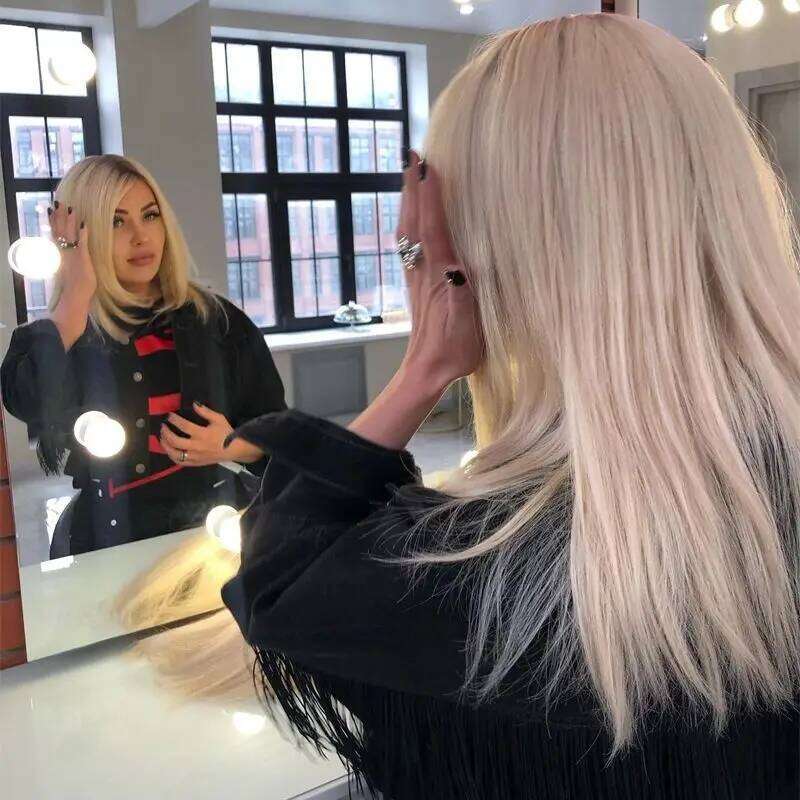 Natural Straightl Bob Women Platinum Blonde Colored With Dark Roots Synthetic HD Lace Front Wig For Woman Girl Lady Daily