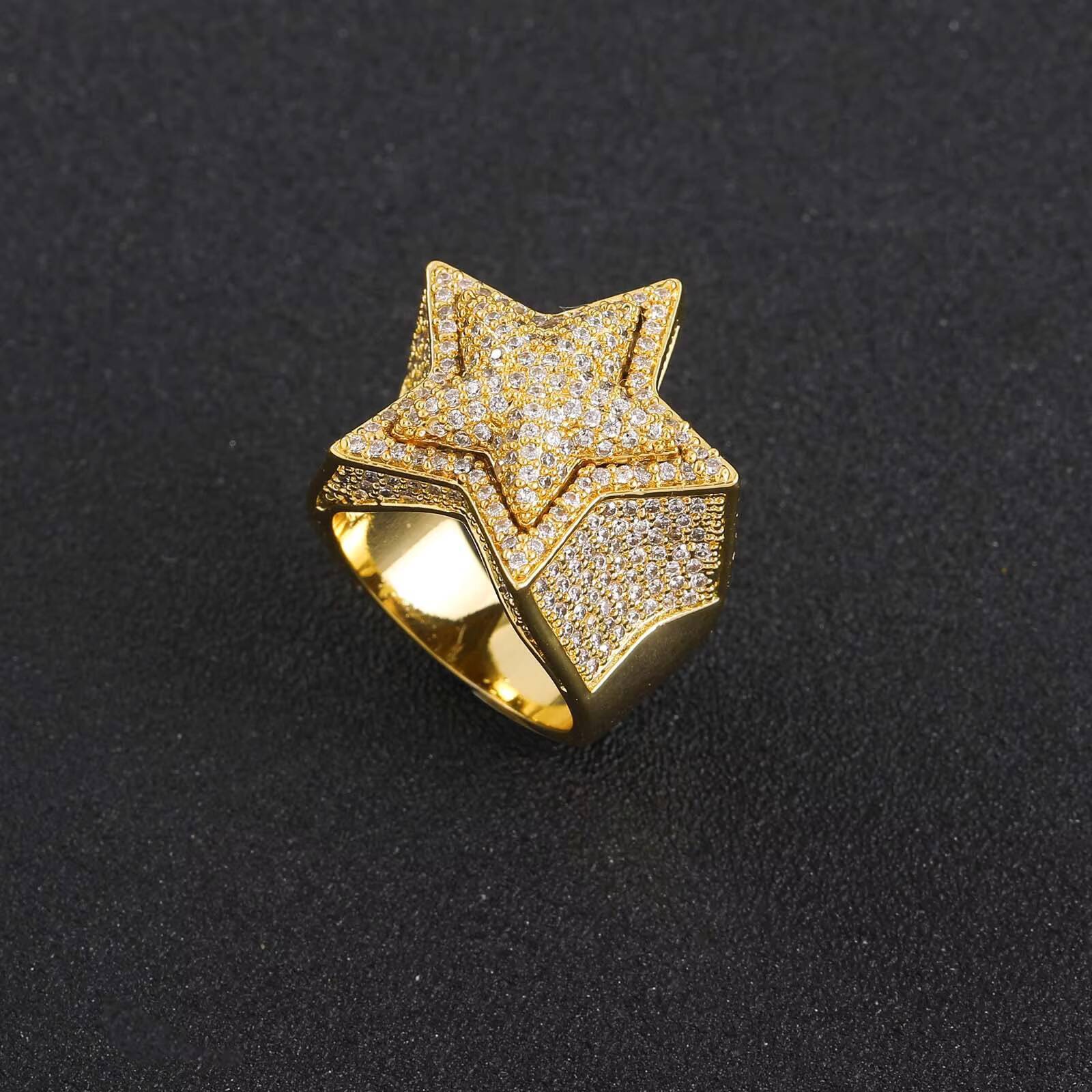 Hip Hop Fashion Luxury Jewelry High Quality Full Pave Moissanite Stone Five Pointed 3D Star Punky Rappers Rings for Men