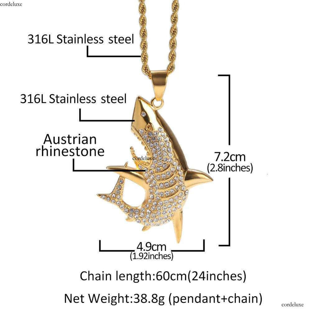 New Fashion Gold Plated Stainless Steel Bling Dia Mens Shark Pendant Chain Necklace personalized Hip Hop Rapper Jewelry Gifts for Men