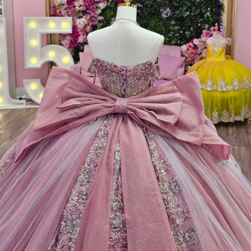 Pink Shiny Quinceanera Dresses Off The Shoulder Sequin Applique Lace Beading Bow Tull Party Birthday Ball Gown Vestidos De 15 Anos Sweet 16 Dress