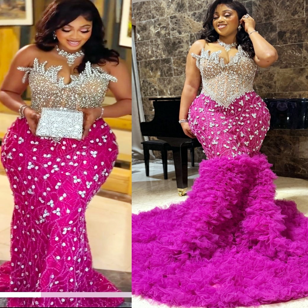 Mermaid Fuchsia Prom Dresses 2025 Crystals Illusion Detachable Train Evening Formal Party Second Birthday Engagement Gowns Plus Size Dress For Special