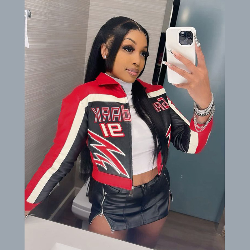 2024 autumn and winter new style spicy girl street embroidery lapel waist cinching exposed navel short zipper jacket for women