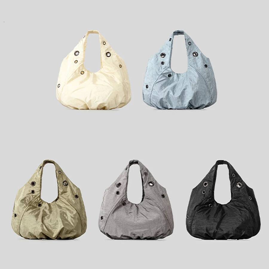 Casual Rivet Nylon Women Shoulder Bags Designer Lightweight Ruched Hobos Handbags Large Capacity Shopper Purses 2025