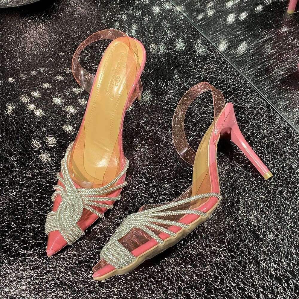 35-43 Plus Size Pointed Toe Transparent Rhinestone High Heels One-Strap 2025 Summer New Internet Designer Shoes Celebrity Outdoor Sexy Slippers Sandal