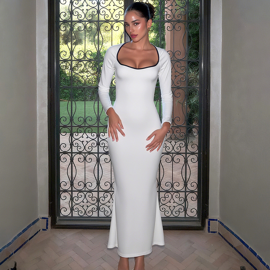 2025 Autumn New Sexy Low Neck Slim Fit Long Sleeve Color Block Slit Long Dress Womens Clothing