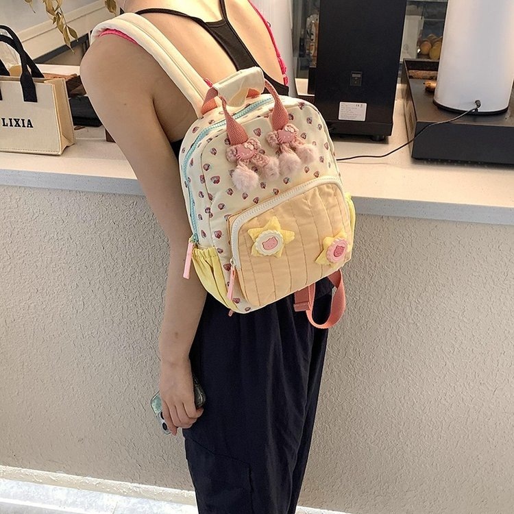 Canvas Printed Dopamine Color-Block Cute Strawberry Casual Backpack ddmymoon