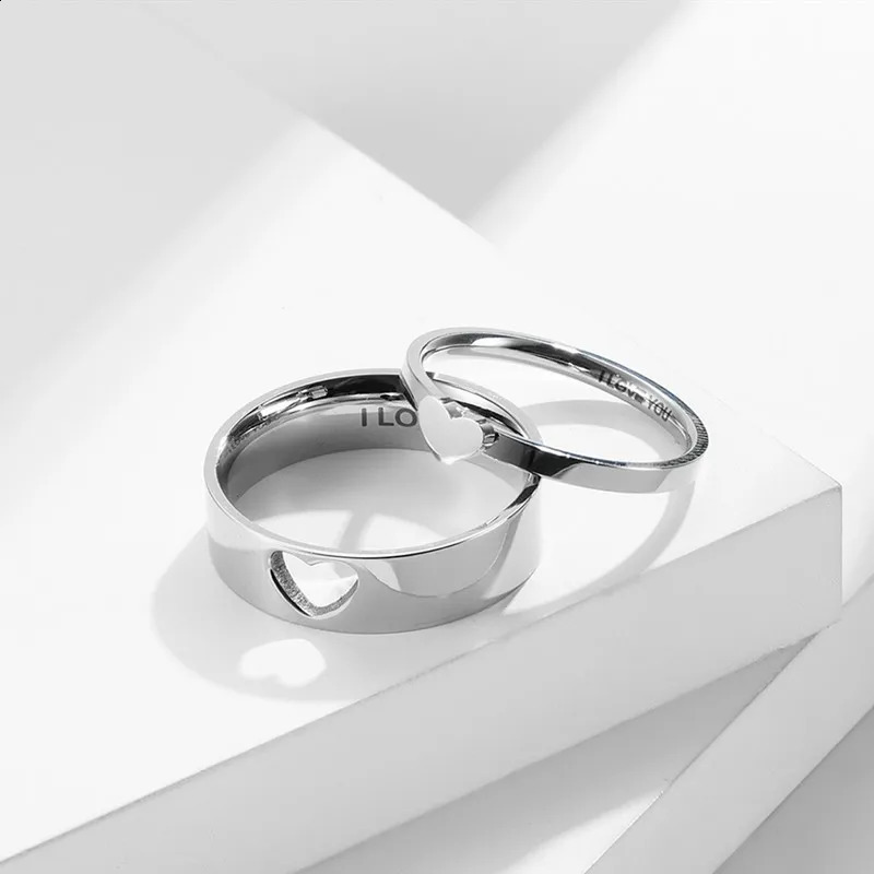 Stainless Steel Hollow Heart Puzzle Couple Rings I LOVE YOU Engraved Wedding Band Ring for Women Men Size 5-12 250805