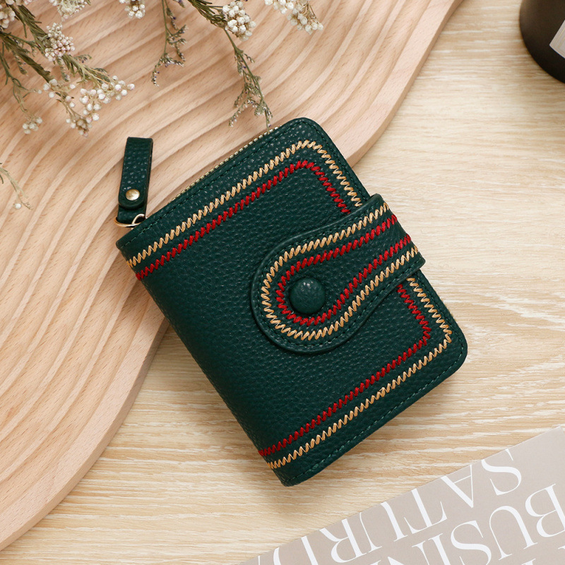 New Korean Style Women's Short Wallet Zipper Buckle Wallet Lychee Pattern Luxury Bag Embroidered Solid Color Coin Purse ID Card Holder Wallet